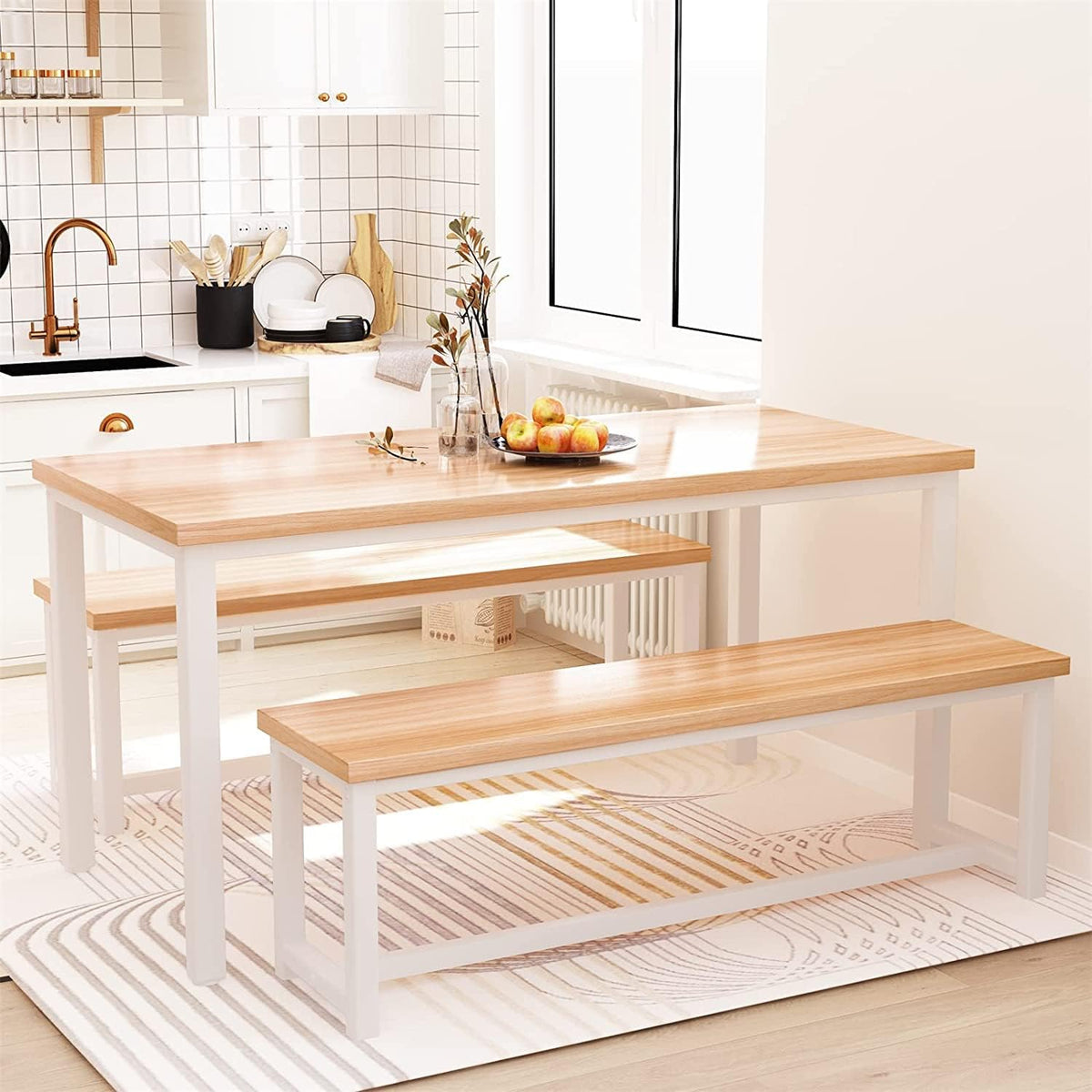 Dining Room Table Set with 2 Benches, Farmhouse Dining Table Set for 4-6, Wood Breakfast Table Set Dinner Table Set Kitchen Table and Chairs for Breakfast Nook Small Spaces, Beige