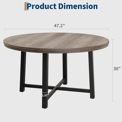 GarveeHome 47 in Round Dining Table, Industrial Dinner Table for 4 to 6, Wooden Kitchen Table with Sturdy Metal Frame & Rustic Gray Finish, Circle Kitchen Table for Dining Room, Kitchen （No Chairs）