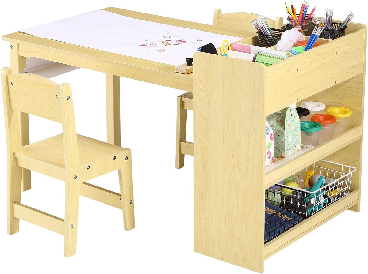 Kids Art Table with 2 Chairs, Toddler Craft Play Wood Activity Desk with 3-tier Storage Shelves for Writing Drawing, Children's Wooden Furniture Table and Chairs Set for Playrooms & Classroom