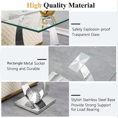 Modern Square End Table for Living Room, Tempered Glass Top & Moon Shape Stainless Steel Base, Luxury Glass Sofa Side Bedside Table, Night Stand, Small Accent Table, Silver