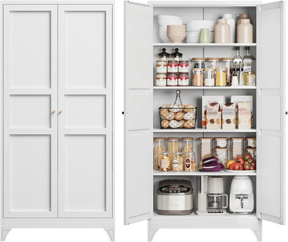 Yizosh Metal Storage Cabinet Kitchen Pantry Cabinet 4 Adjustable Shelves Kitchen Pantry Cabinet for Livingroom Pantry Bathroom Kitchen 75.6" H x 35.4" W x 17.7" D White