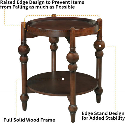 23" Round End Table with Solid Wood Frame, Small Side Table with Wood Shelf for Living Room Small Space Office Apartment, Walnut