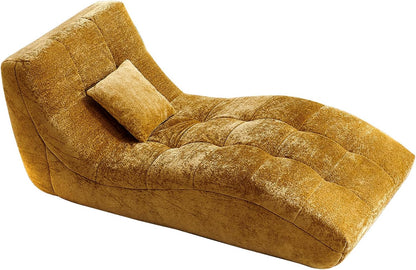 Chaise Lounge Chair with Curved Back, Modern Upholstered Recliner Sofa, Tufted Accent Lounger Comfortable Lazy Chair for Bedroom, Apartment (Yellow)