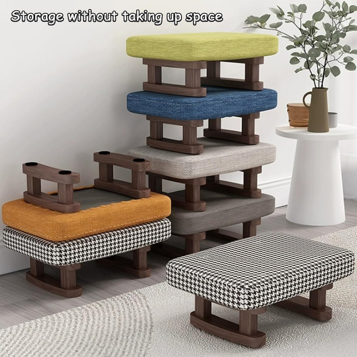 7-Inch High Stool, Small Linen Footstool, Solid Wood Frame, Entryway Shoe Bench, with Padded Footrest, Suitable for Living Room, Entryway, and Bedroom Natural Legs Blue