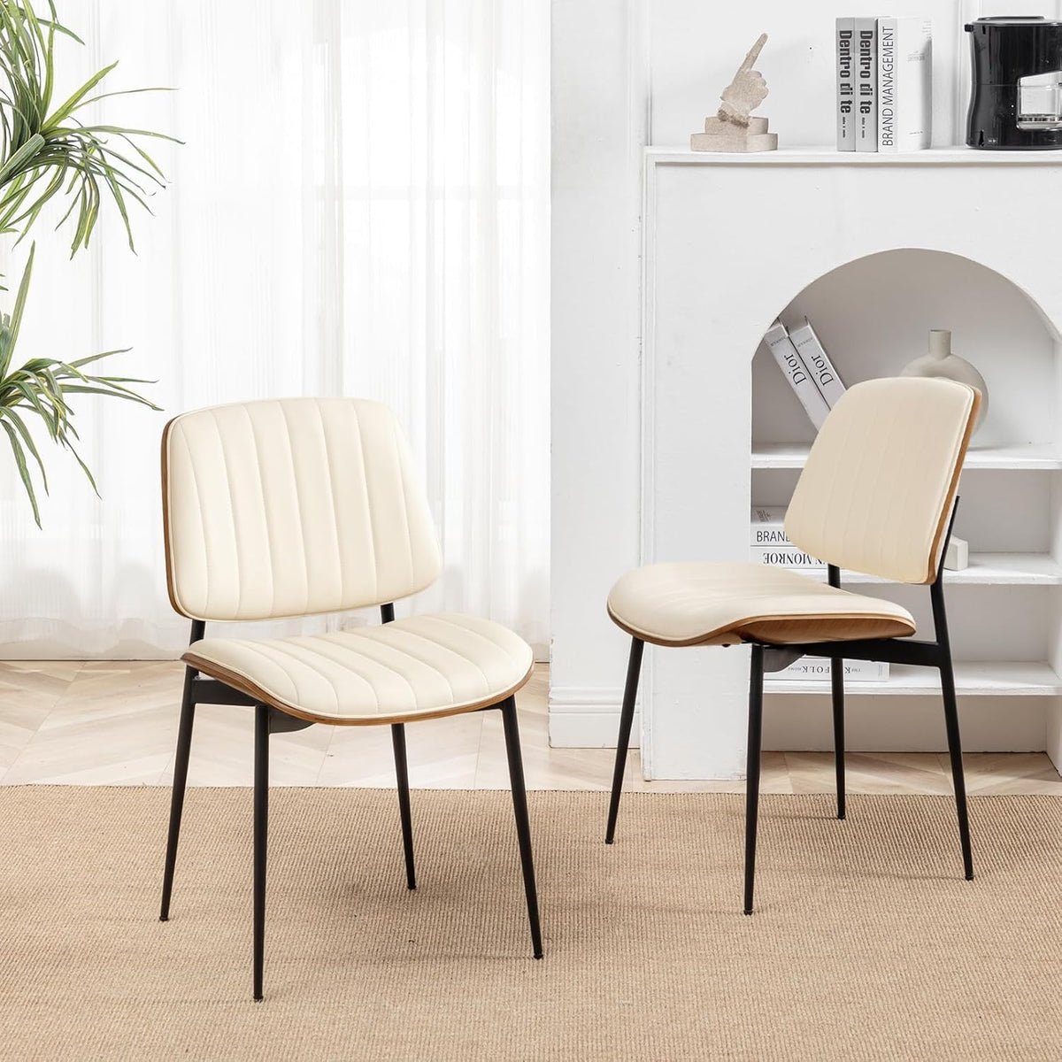 LUNLING Dining Room Chairs Mid Century Modern Retro Beige Faux Leather Chair with Walnut Bentwood Upholstered Seat Metal Legs Kitchen Chairs Adjustable Foot for Kitchen Dining Room,1PCS