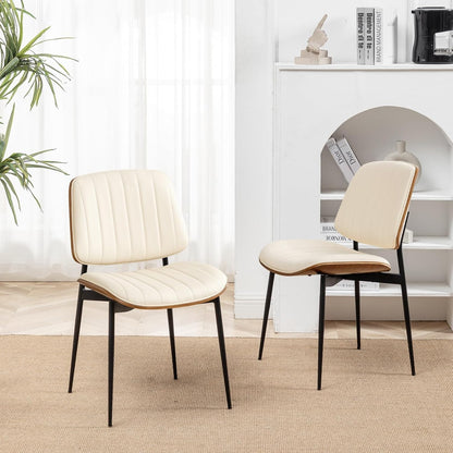 LUNLING Dining Room Chairs Mid Century Modern Retro Beige Faux Leather Chair with Walnut Bentwood Upholstered Seat Metal Legs Kitchen Chairs Adjustable Foot for Kitchen Dining Room,1PCS
