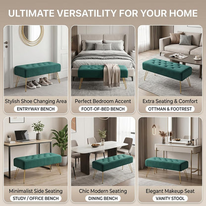 Velvet Button-Tufted Entryway Bench, 39.37" Modern Upholstered Bedroom Bench with Gold Metal Legs, Padded Rectangular End of Bed Bench for Living Room, Dining Room (Blackish Green)