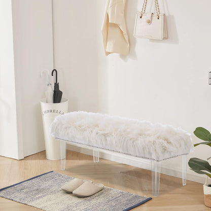 Modern White Faux Fur Ottoman Bench - Upholstered Furry Bench with Acrylic Legs for Bedroom, Living Room, Entryway, Vanity or Bed End
