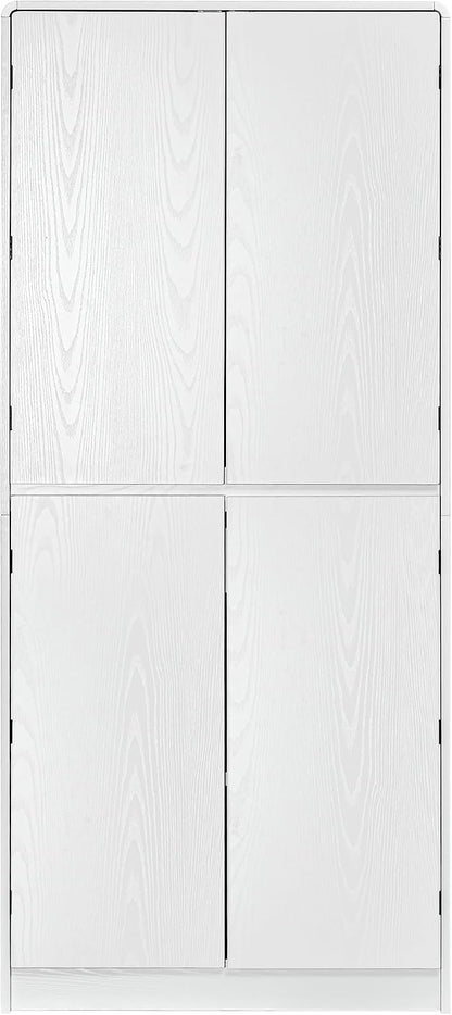 72 Inch Farmhouse Kitchen Pantry Cabinet with Unique Curved Design, 4-Door Storage with 8 Adjustable Door Shelves, 3 Adjustable Shelves & Hidden Drawer, Freestanding (Curved Design + White)