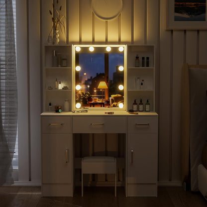 White Dressing Table with Mirror and Lights, Makeup Vanity Desk with 3 Drawers & 2 Large Cabinet, Large HD Mirror, 3 Color Modes & Adjustable Brightness, Modern