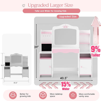 MU Kids Vanity, Girl Vanity Set with Mirror and Stool, 2 in 1 Toddler Makeup Vanity Table with Jewelry Storage, Wooden Princess Makeup Desk Dressing Table for Little Girls, (White)