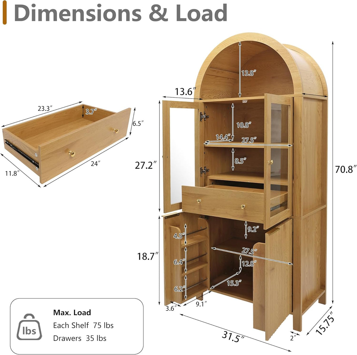 SOFTSEA 71" Tall Kitchen Pantry Cabinet with Adjustable Shelves, Fluted Arched Cupboard Cabinet with Hidden Drawer & Glass Door, Kitchen Hutch with Door Shelves for Dining Room, Oak