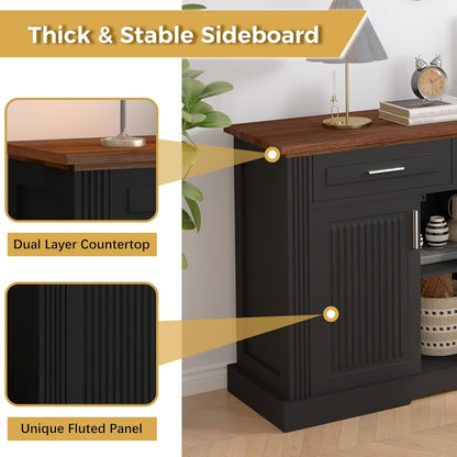 KEIKI 63" Fluted Sideboard Buffet Cabinet with Storage – 4 Doors, 3 Drawers, Adjustable Shelves, Kitchen Buffet, Cabinet for Dishes, Kitchen Console Cabinet, Black