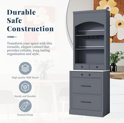 Modern 28.7x17.5x83.7 Inch Tall Kitchen Pantry Cabinet, Freestanding Hutch with Faux Marble Top, 5 Drawers & Adjustable Shelf, Glass Holders, Space-Saving Storage for Kitchen/Dining Room (1, Gray)