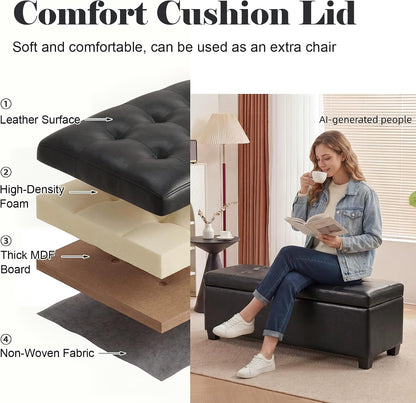 Asense Storage Ottoman Bench,42 inch Wide Upholstered Faux Leather Rectangular Ottoman with Legs,Safety Hinge Storage Bench for Living Room,Bedroom,Entryway