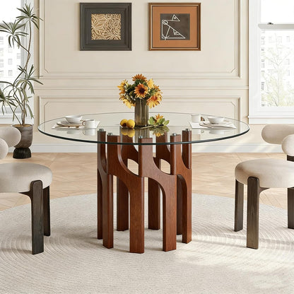 Round Glass Dining Table for 4-6, Modern 46-Inch Kitchen Table with Sturdy Pedestal Base & Clear Tempered Glass Top, Circle Dinner Table for Dining Room, Living Room & Small Apartment (Walnut)