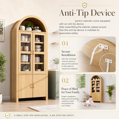 71" Tall Arched Kitchen Pantry Cabinet, Modern Farmhouse Wood Kitchens Storage Cabinets, Cupboard for Dining Room, Kitchen, Bathroom, Natural