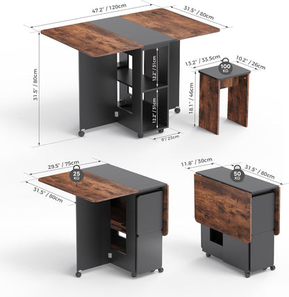 Mondeer Folding Dining Table Set for 4, Drop Leaf Table with 4 Chairs for Small Spaces, Dining Room Table Set with Storage Shelf and Wheels, for Kitchen Dining Room (Rustic Brown and Black)