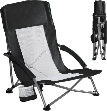 DUMOS Folding Camping Beach Chair, Lightweight Low Portable Beach Chair with Cup Holder, Storage Pocket, Breeze Mesh Back, Padded Armrests, Low Profile Chair for Camp, Picnic, Lawn, Sand, Black
