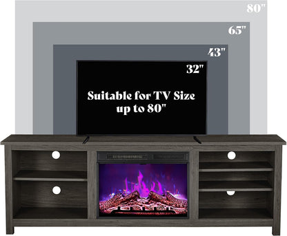 AMERLIFE 70" Fireplace TV Stand with 23" Electric Fireplace for 80" TVs | Rustic Grey, Wood Texture Finish, Farmhouse Style, Entertainment Stand, Media TV Console, Storage Cabinet, Living Room