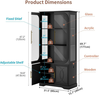 69" Tall Display Cabinet with Glass Doors, Curio Cabinet with 3 LED Lights and Human Body Sensor, Glass Display Case with Storage Cabinet for Living Room, Black