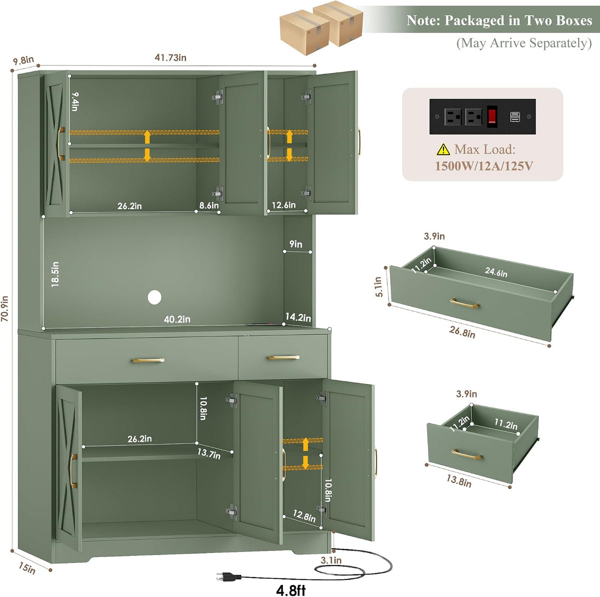 HOSTACK 71"H Kitchen Pantry Storage Cabinet, Farmhouse Hutch Cabinet, Green | Space-Saving Pantry Cabinet with Charging Station & 2 Large Drawers & Adjustable Shelves, Tall Kitchen Hutch, Dining Room