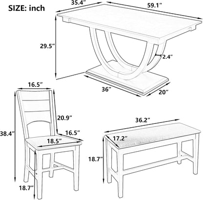 LUMISOL 6 Piece Dining Table Set for 6, Farmhouse Kitchen Dining Room Table Set with Recantgle Table and Upholstered Bench and Chairs, Light Natural