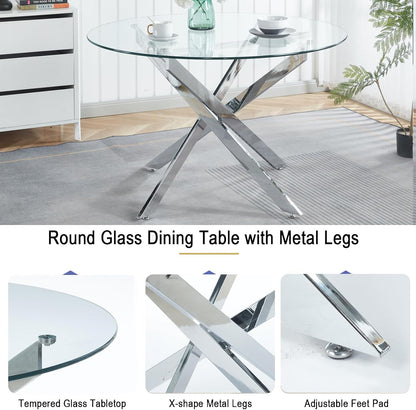 Henf 7 Piece Round Dining Table Set with 6 Upholstered Chairs, 47'' Glass Round Kitchen Table Set for 6, X-Shape Metal Legs, Modern Silver Glass Dining Table and Chair Set for 6