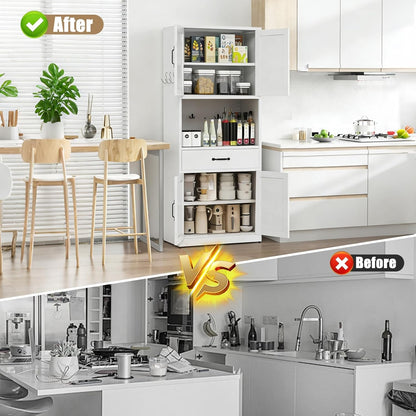 Kitchen Pantry Cabinet White, Tall Storage Cabinet with Glass Doors & Adjustable Shelves, Multi-Storage Cabinet Cupboard for Small Kitchen Living Room Dining Room, 39.37x17.72x64.06 Inches