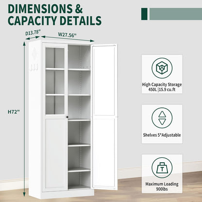Kitchen Pantry Cabinet, 72" Tall Farmhouse Storage Cabinet, Kitchen Storage Cabinet with with Glass Doors and 5 Shelves, Cupboards Storage Shelf for Dining Room Use, Assembly Required