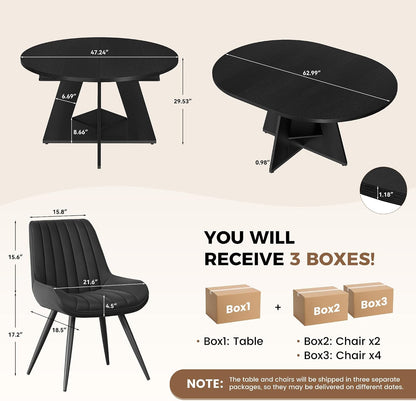 Miereirl Extendable Dining Table Set for 4-6, 47.24"-63" Round to Oval Dining Table Set with Upholstered Chairs, Hidden Storage Shelf, Kitchen & Dining Room Furniture for Apartment