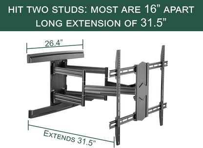 ynVISION.DESIGN Heavy Duty Full Motion TV Wall Mount for 65-100" TVs, XXL | Extends up to 31.5in, tilt swivel leveling, max VESA 800x600, fits flat, LED, LCD, OLED, 4K TVs, Max 154 LBS