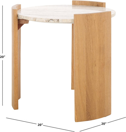 SAFAVIEH Couture Collection - Damarcus Travertine & Solid Wood Accent Table, Round Top, Classic Sculptural Design (SFV9705A)
