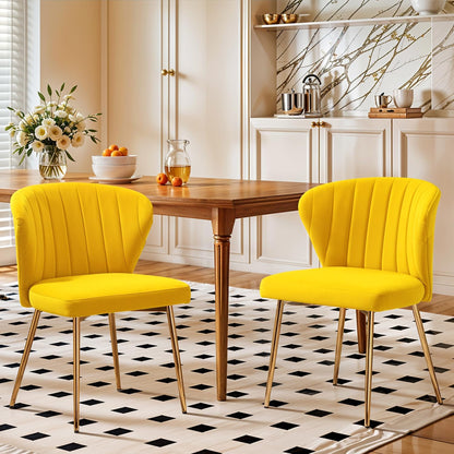 Velvet Dining Chairs Set of 2, Modern Upholstered Vanity Chairs with Golden Metal Legs for Dining Room Kitchen Vanity Patio (Yellow)