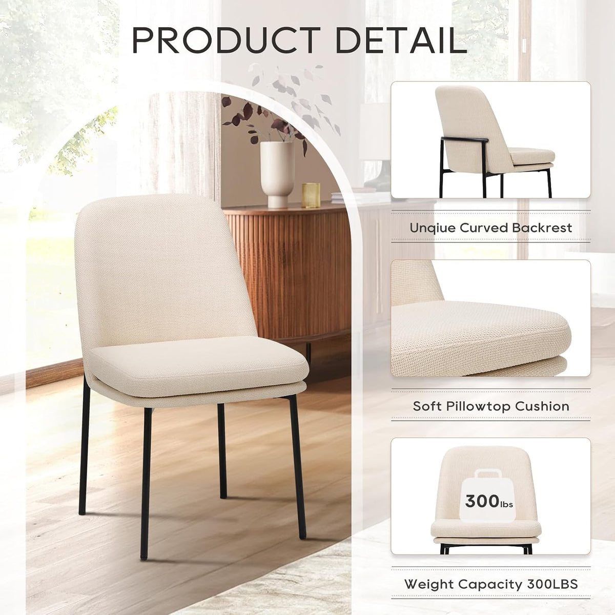 COLAMY Upholstered Dining Chairs Set of 4, Beige | Modern Dining Room Chairs with Curved Back, Dinner Chair Kitchen Chairs and Metal Legs