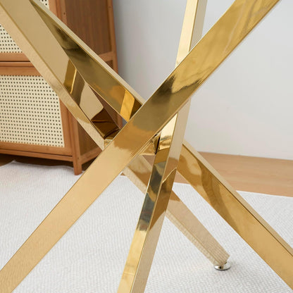 Henf 36'' Tempered Glass Dining Table for 2-4 People, Square Kitchen Table with Gold X-Base Metal Legs, Adjustable Feet, Glass Desk for Small Space, Gold Square Dining Room Table for 4