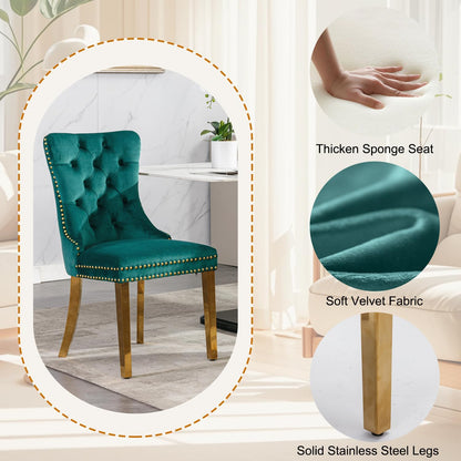 3-Piece Round Marble Dining Table Set for 4 with Velvet Chairs | Modern Faux Marble Kitchen Table with 4 Green Tufted Chairs,White Gold Dinner Tables Diamond Stainless Steel Pedestal Base