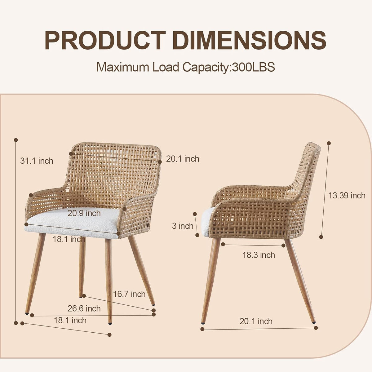 Rattan Dining Chairs Set of 2, Modern Upholstered Boucle Fabric Dining Chairs,Kitchen Room Chairs with Solid Metal Legs and Rattan Back,Brown
