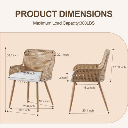 Rattan Dining Chairs Set of 2, Modern Upholstered Boucle Fabric Dining Chairs,Kitchen Room Chairs with Solid Metal Legs and Rattan Back,Brown
