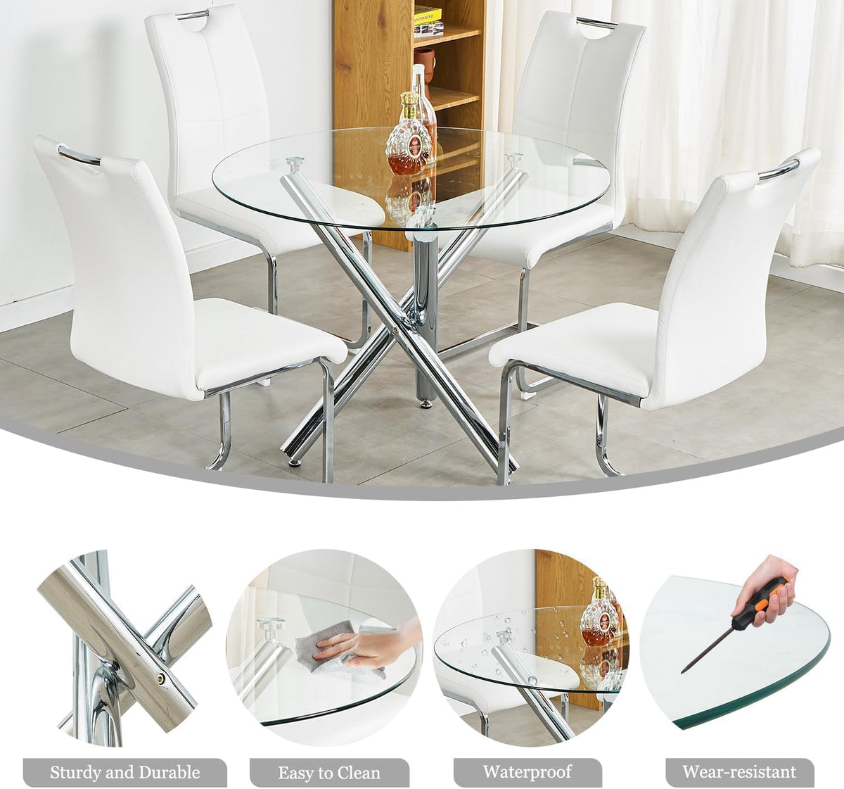 Modern Silver Round Glass Dining Table Set for 4, 36'' Luxury Minimalist Circle Dinette Room Set, 5 PCS Clear Circular Glass Top Kitchen Set, Grey High-end Tufted Chairs, for Small Place