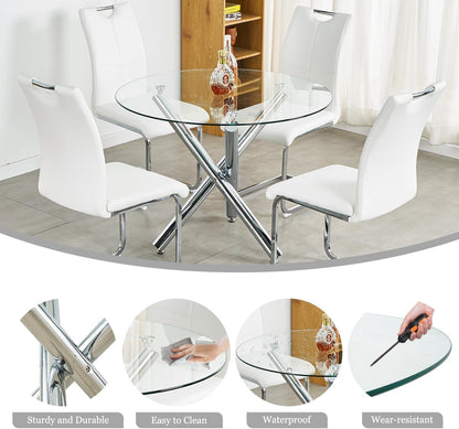 Modern Silver Round Glass Dining Table Set for 4, 36'' Luxury Minimalist Circle Dinette Room Set, 5 PCS Clear Circular Glass Top Kitchen Set, Grey High-end Tufted Chairs, for Small Place