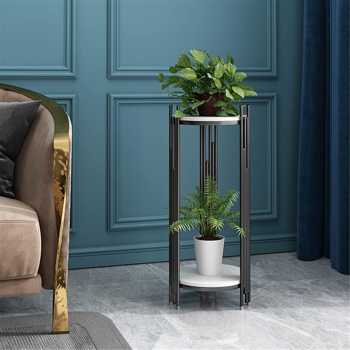 ELEFOCUS 2 Tier Marble Look Telephone Table Tall Slim Plant Stand & Round Side Table for Living Room Patio Decor (Size:33 * 33 * 50CM,Color:Gold)