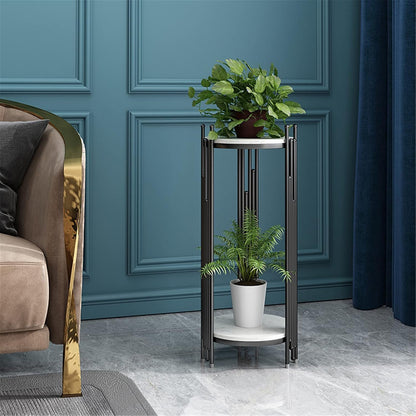 ELEFOCUS 2 Tier Marble Look Telephone Table Tall Slim Plant Stand & Round Side Table for Living Room Patio Decor (Size:33 * 33 * 50CM,Color:Gold)