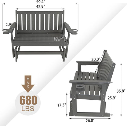 Poly Lumber Patio Glider, HIPS Material Weather-Resistant Swing Bench for Outdoor Porch Garden, Gray