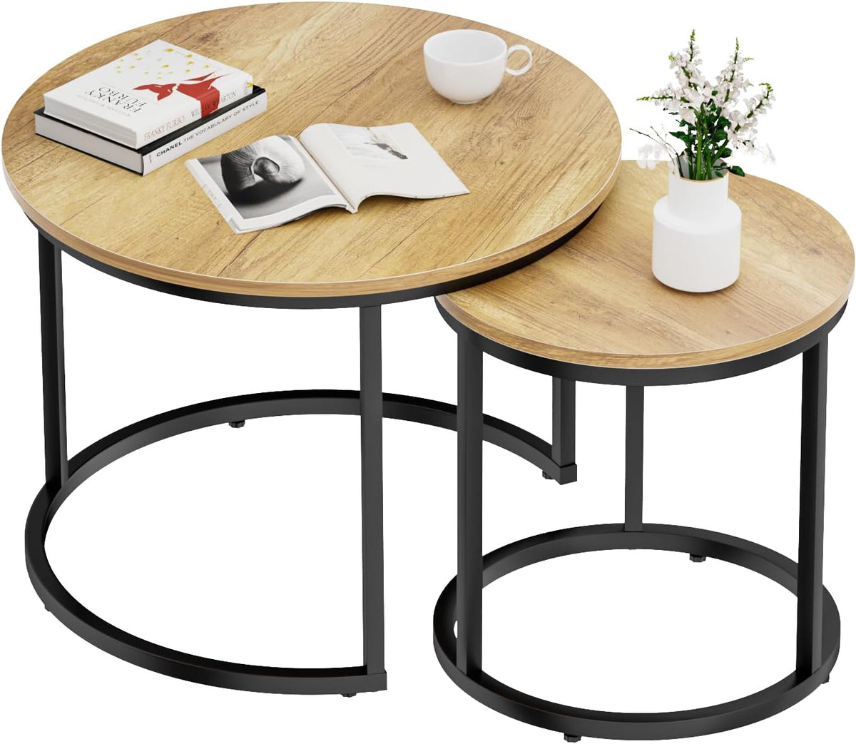 Smuxee Nesting Coffee Table Set of 2, 23.6" Round Coffee Table Brown Wood with Adjustable Non-Slip Feet, Industrial End Table Side Tables for Living Room Bedroom Balcony Yard