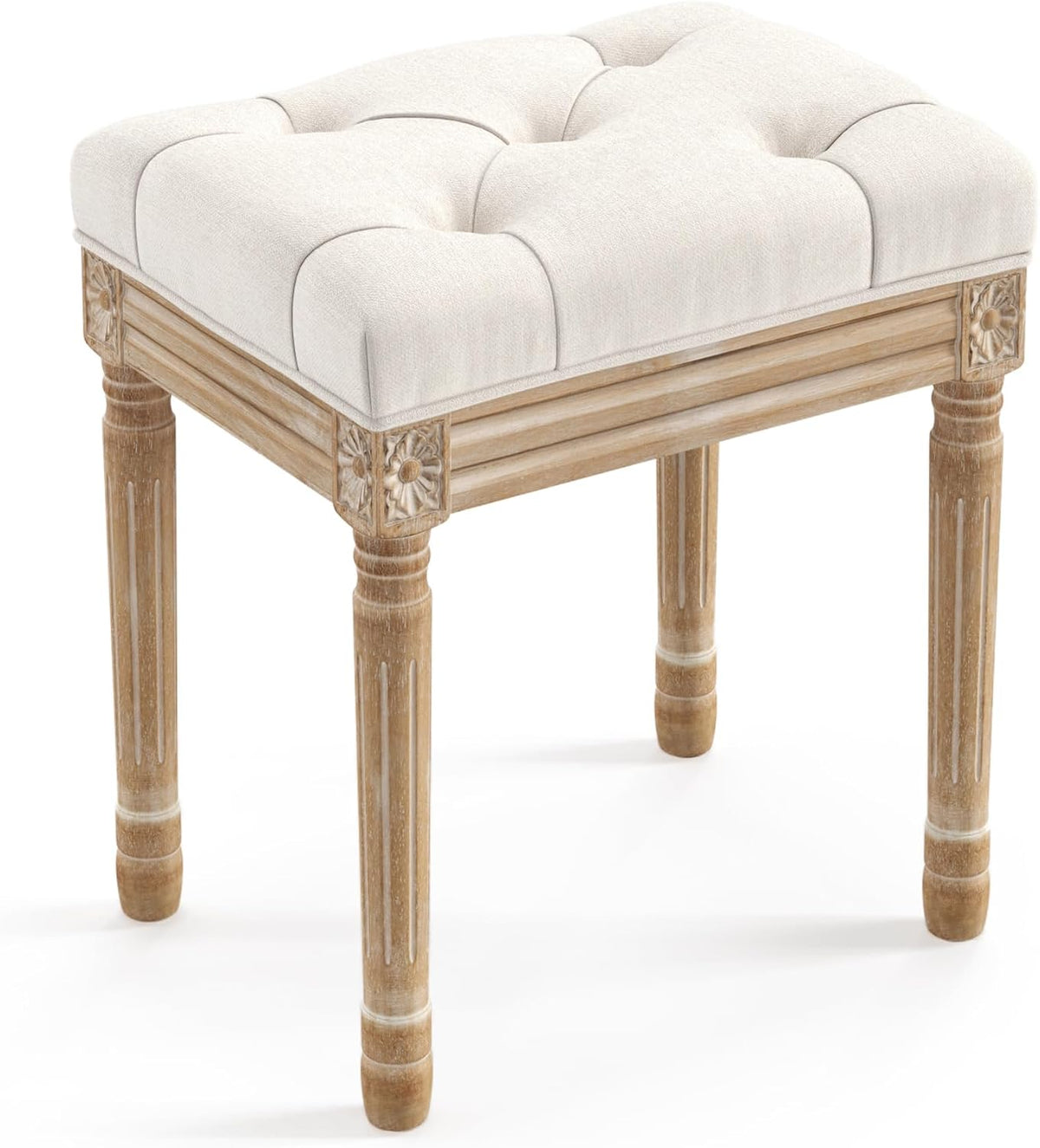 LUE BONA Upholstered Fabric Vanity Bench Seat, Makeup Stools for Vanity, Square Tufted Ottoman Bench with Carved Wood Color Legs for Bedroom Living Room, Beige