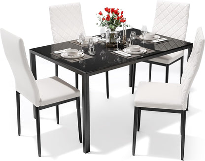 Dining Table Set for 4, Kitchen Table and Chairs Set of 4, 5 Piece Modern Dining Room Table Set with Tempered Glass Top and PU Leather Chairs for Small Space, Apartment, Poker