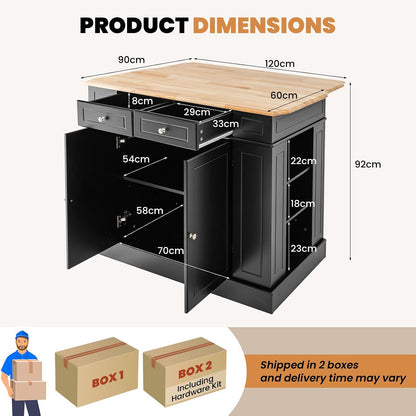 TANGZON Large Kitchen Island, Kitchen Sideboard with Extendable Rubber Wood Worktop, Drawers, Adjustable Shelves & Side Racks, Living Dining Room Cabinet Cupboard (Black Body)