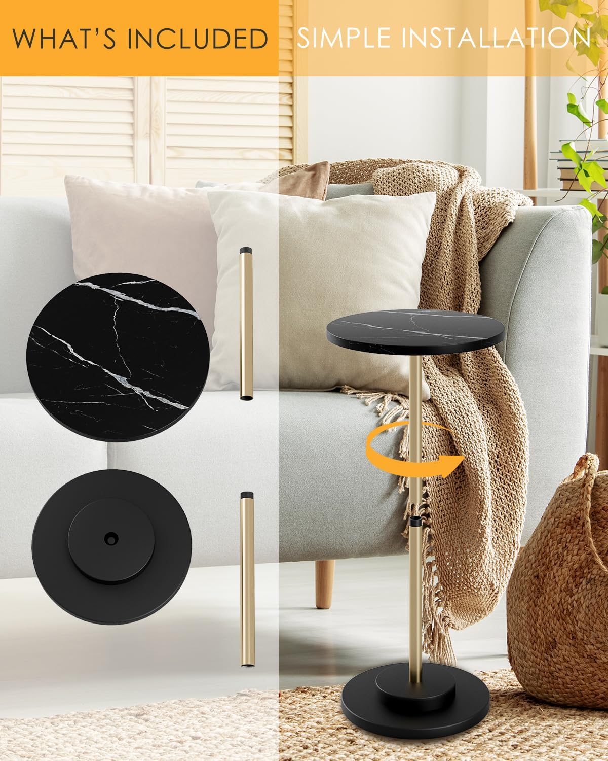Round Side Table, Small Drink Table for Small Spaces, Modern Accent End Table with Metal Leg for Living Room, Bedroom, Corners, and Office (Black Marble)