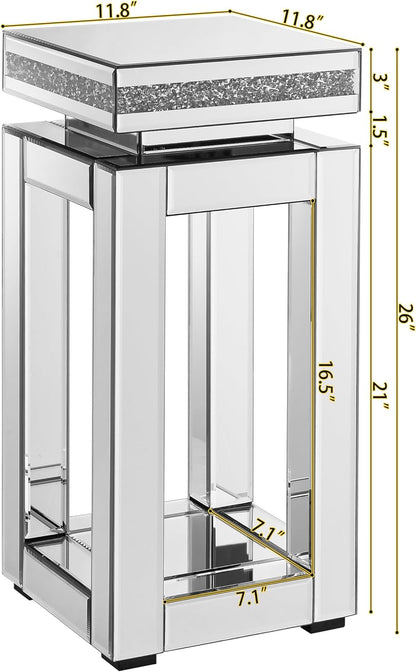 Silver Mirrored Side Table with Crystal Inlay for Small Spaces, Luxury Modern Small Mirrored Bedside Table Nightstand End Table for Living Room Bedroom Home Office (C)